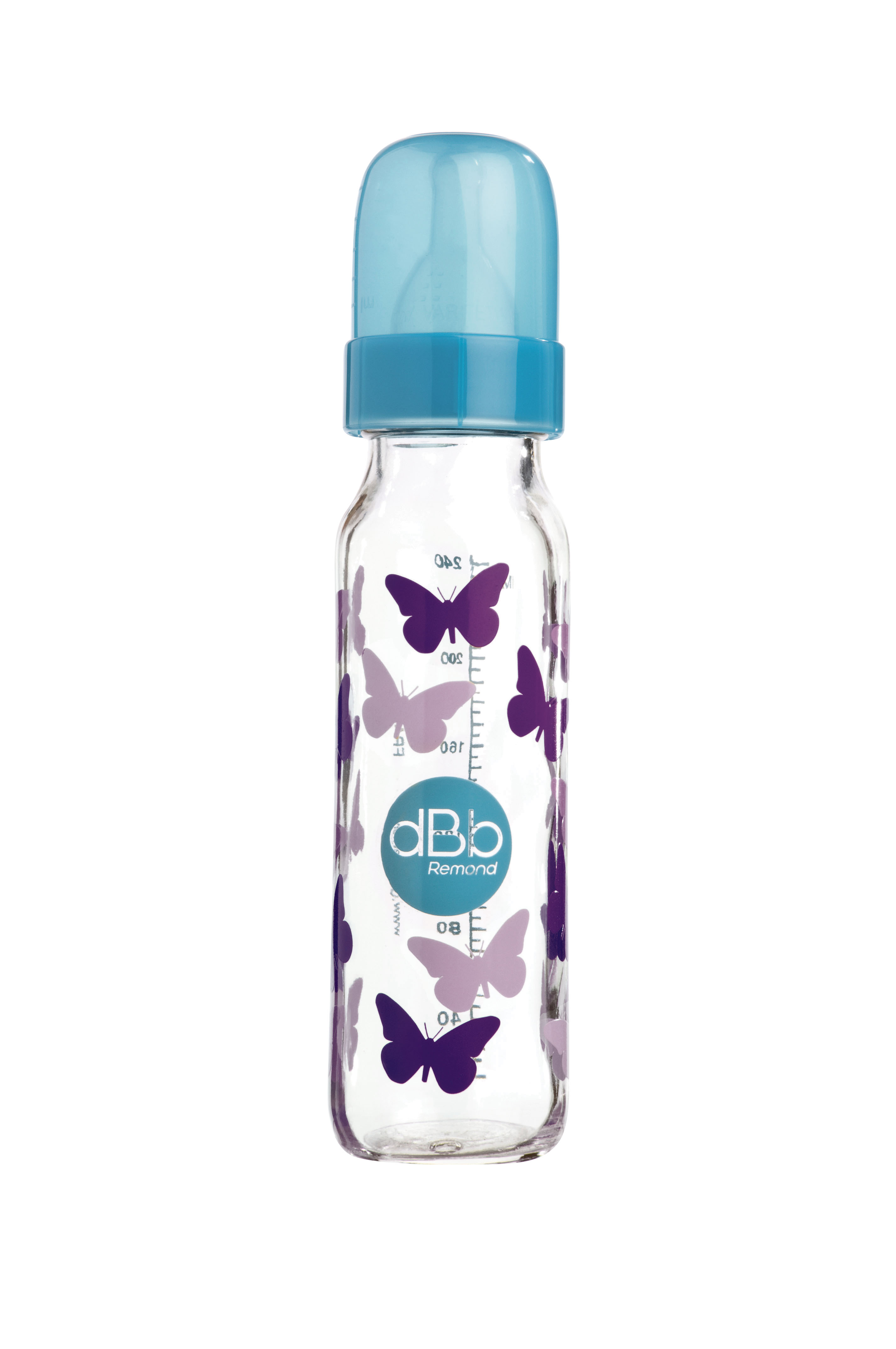 dBb Remond - Biberon sticla decorat ”Papillons”, 240 ml, tetina silicon NN 0-4 luni, turcoaz